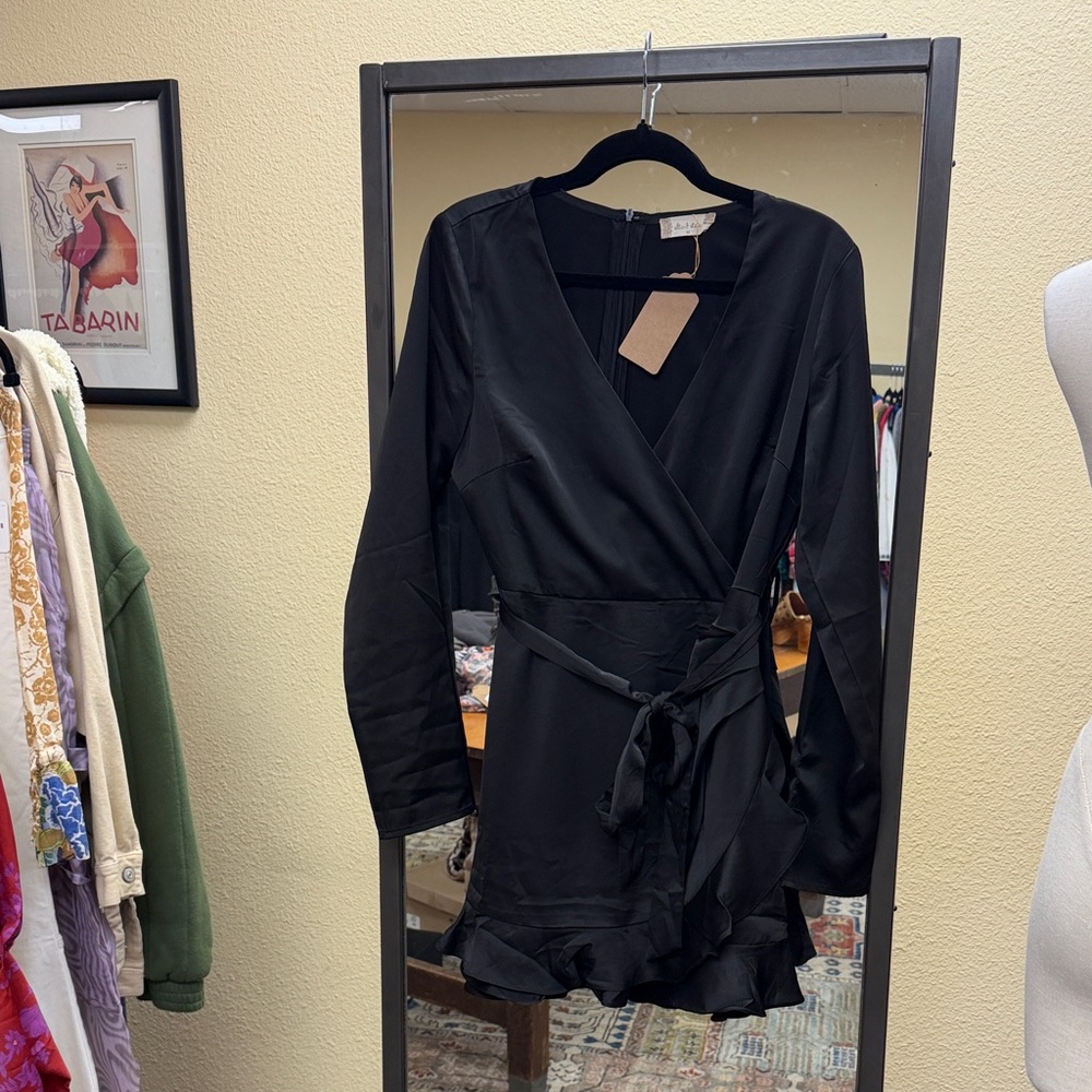 Altar'd State Black Satin Wrap Long-Sleeve Romper